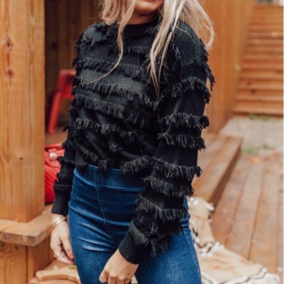 Black Fringe Trim Knit Sweater - Picture 1 of 3